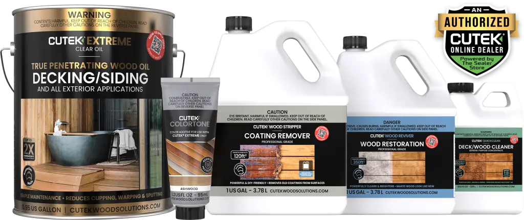 Assorted CUTEK wood care products for decks and siding, including Extreme Decking Oil, color toner, coating remover, wood cleaner, and reviver.