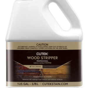 One-gallon white plastic bottle of CUTEK Wood Stripper with a brown label, a wood coating remover for professionals.