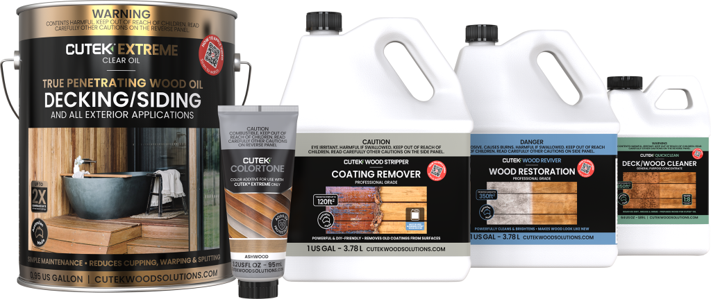 USA-Family-website | CUTEK Wood Protection Bundle of Cutek wood care products: deck oil can, color tone tube, coating remover, wood reviver jugs, and deck/wood cleaner jugs for exterior use