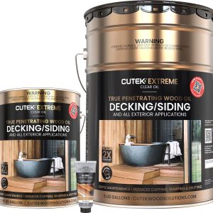 Two metal cans of Cutek Extreme deck/siding wood oil for exterior use, with black and bronze labels showing a wooden deck scene.