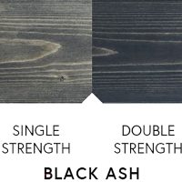#image_title Two wooden planks side by side: left lighter labeled 'Single Strength', right darker labeled 'Double Strength' for Black Ash wood stain.